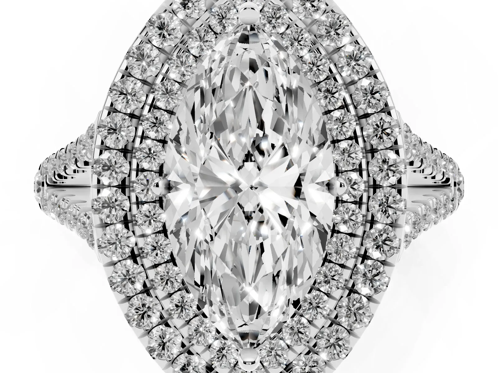 Marquise Cut Diamond Double Halo Ring with Pavé Band and Prong Setting Platinum