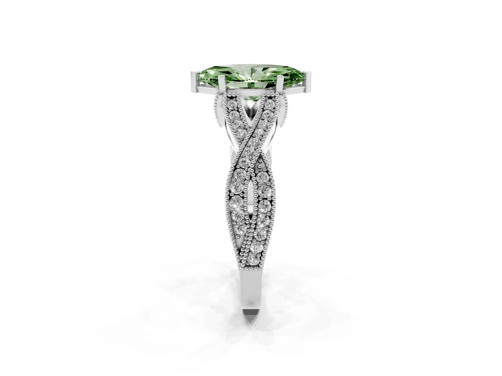 Fancy Green Marquise Cut Cut Diamond Twisted Band with Milgrain Pave Setting and Four-Prong Setting Platinum
