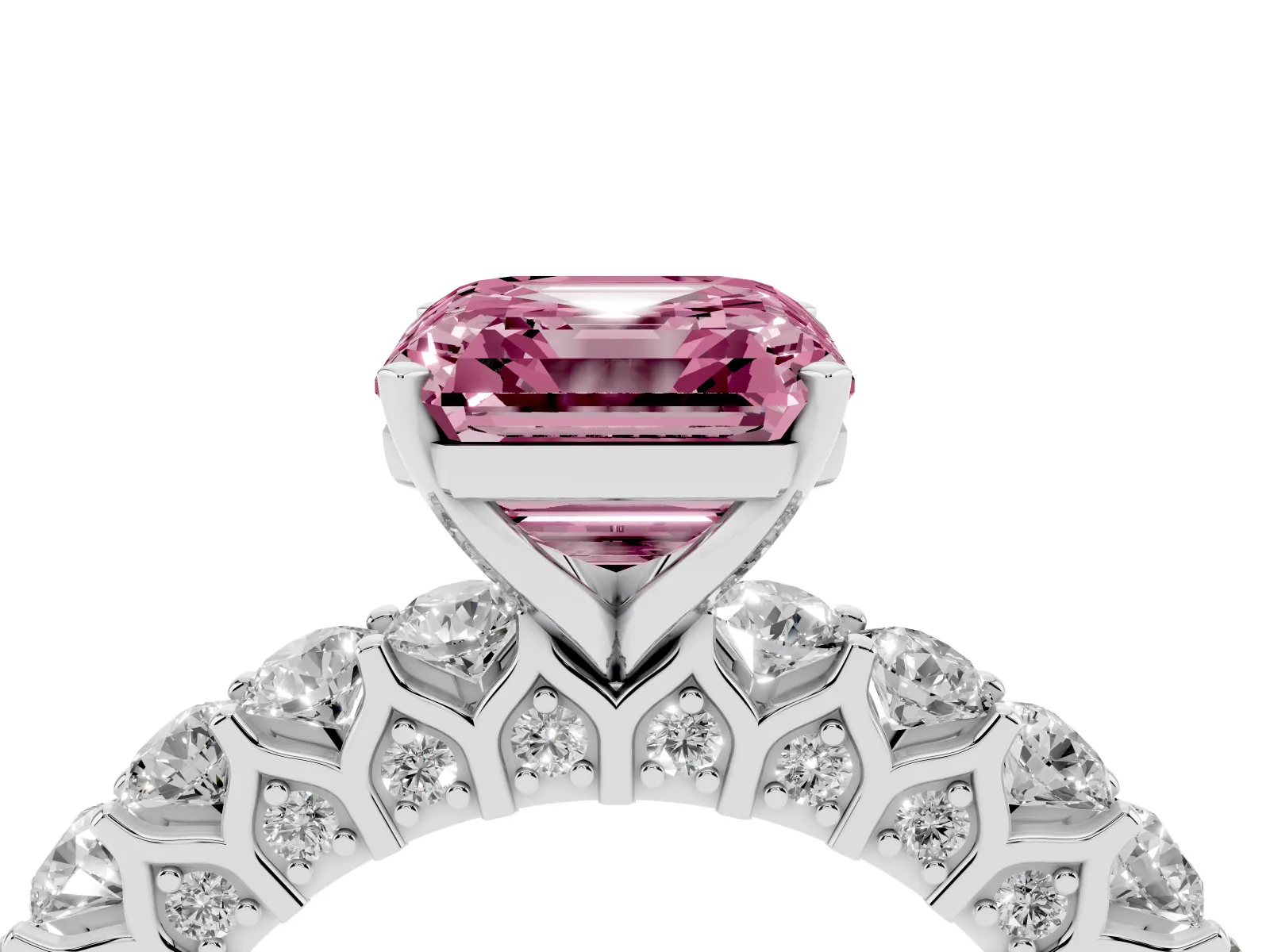 Fancy Pink Asscher Cut Diamond Solitaire Ring with Shared Prong Pavé Band and Four-Prong Setting White gold