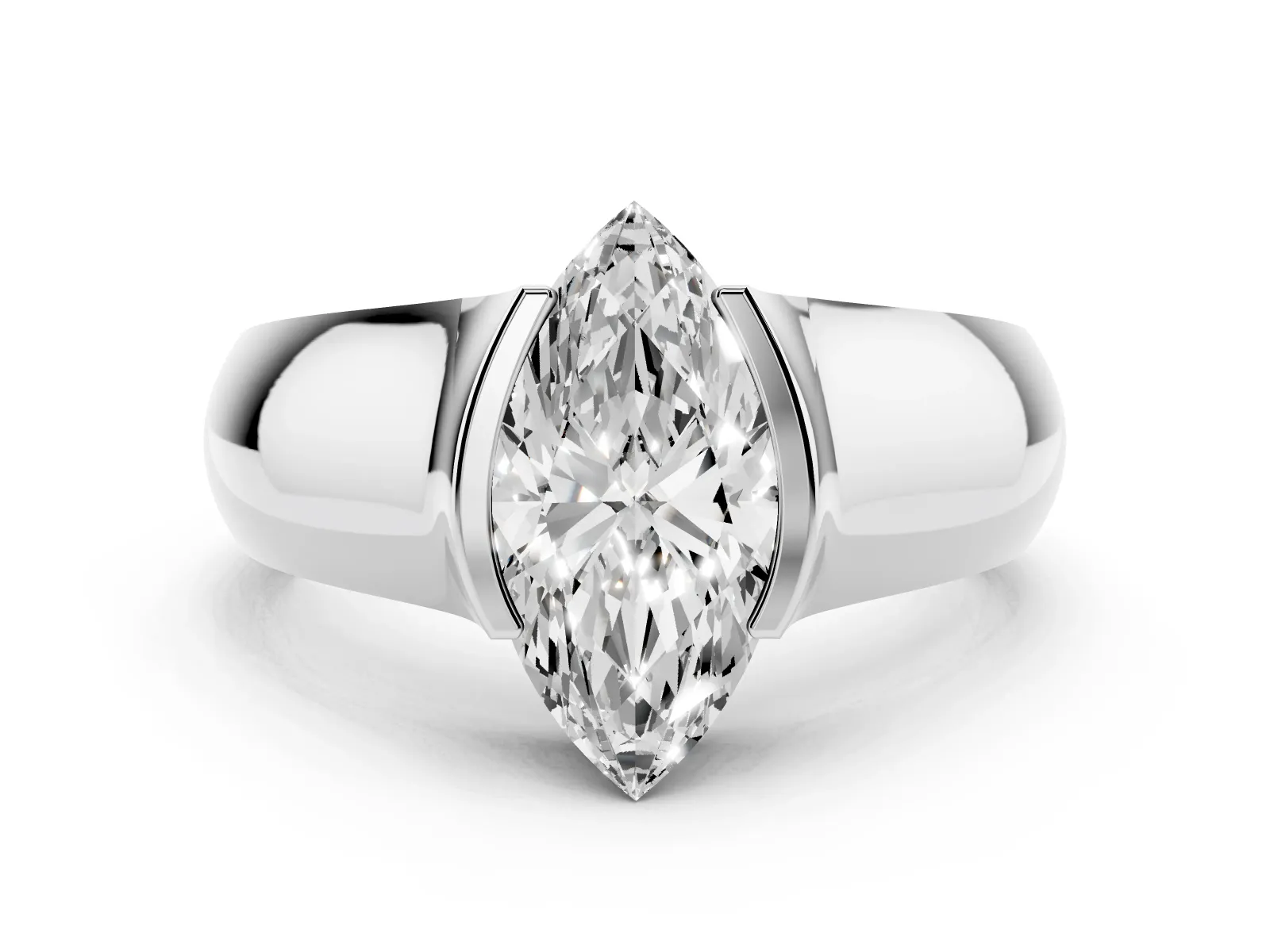 Marquise Cut Solitaire Bezel Set Diamond Ring with Wide Band White gold