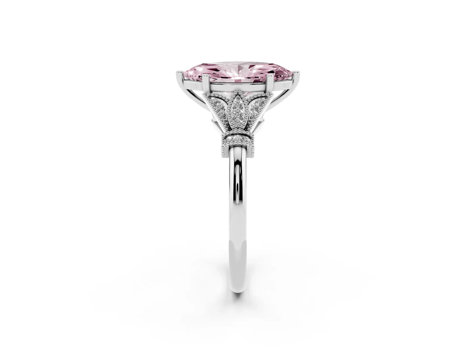 Fancy Pink Marquise Cut Diamond Solitaire Ring with Floral Filigree and Pave Accents Platinum