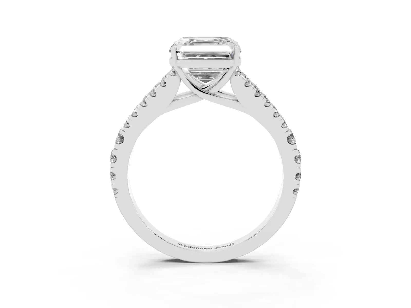 Asscher Cut Diamond Split Shank Engagement Ring with Round Pavé and Prong Setting White gold