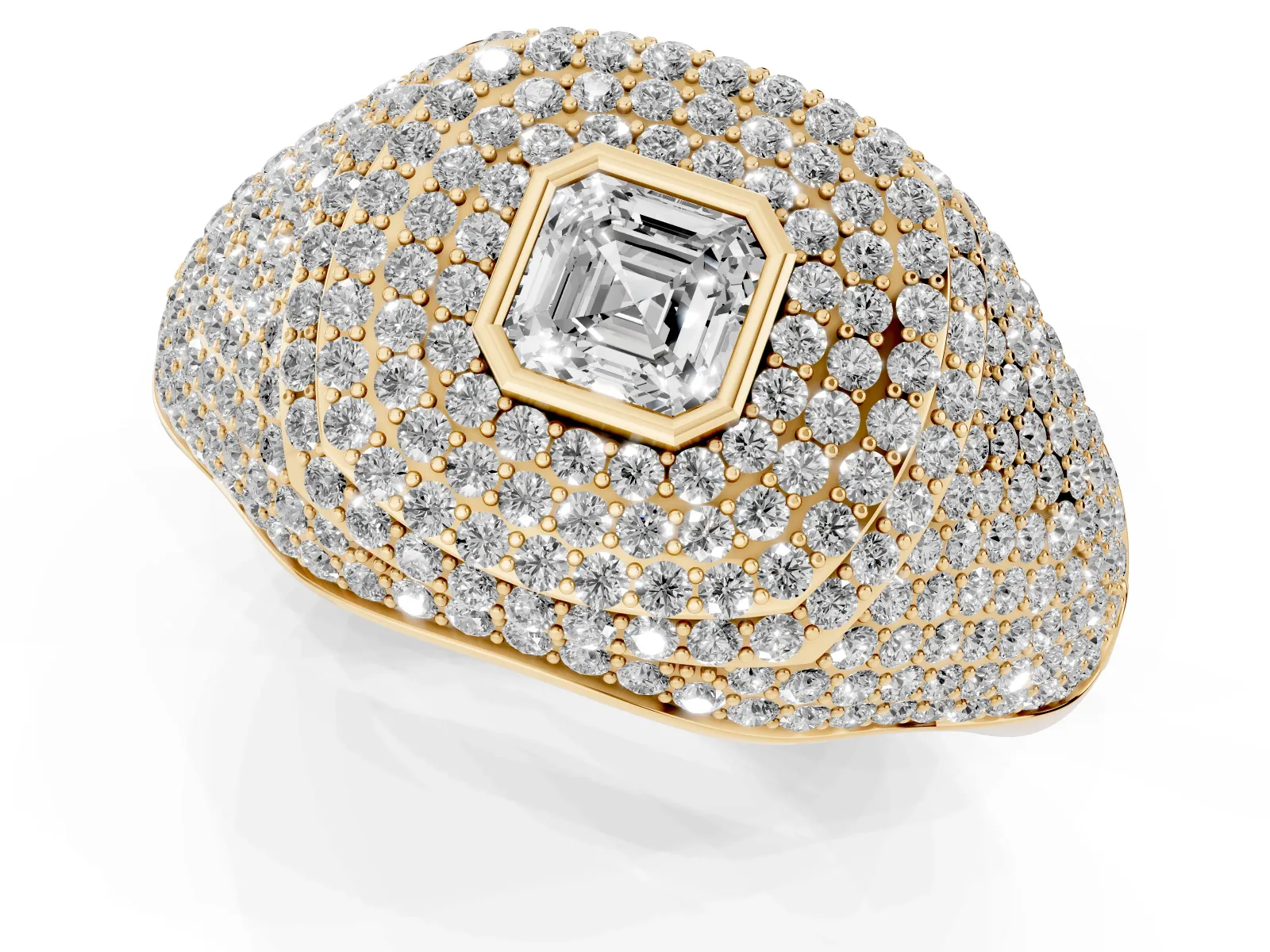 Asscher Cut Diamond Bezel Set Pavé Dome Mens Ring Yellow gold