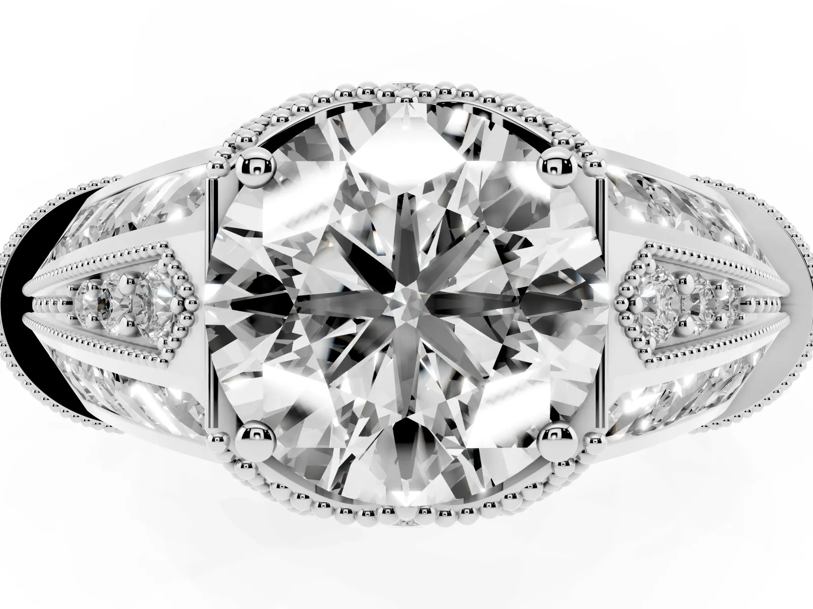 Vintage Milgrain Round Cut Diamond Split Shank Ring with Prong Setting Silver