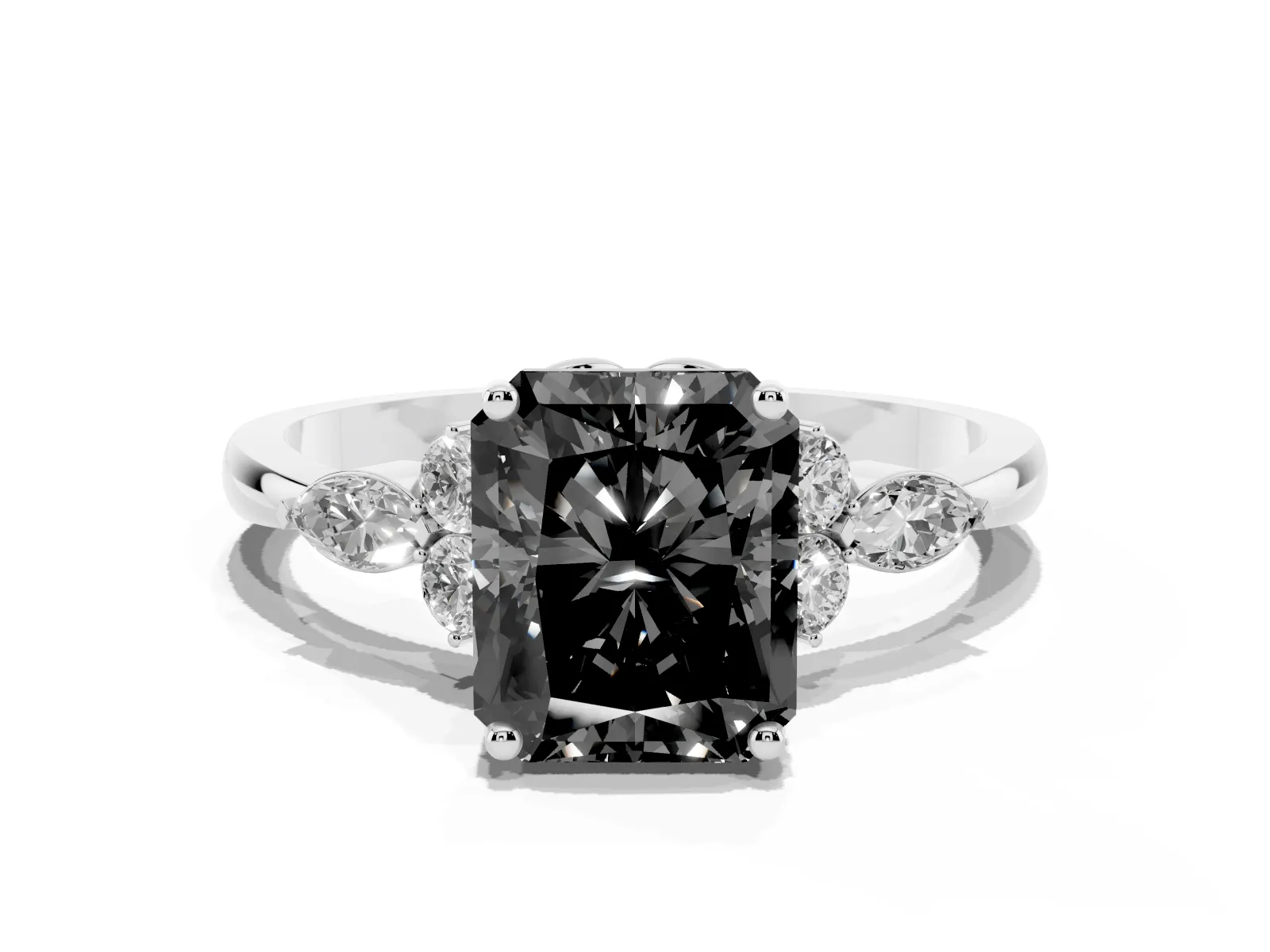 Fancy Black Radiant Cut Brilliant Diamond Solitaire Ring with Pear Side Stones and Four-Prong Setting White gold