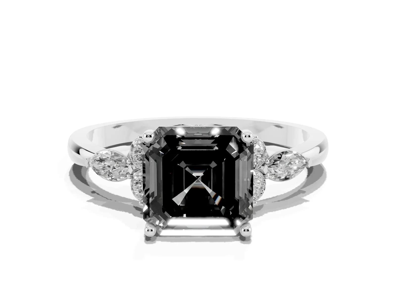 Fancy Black Asscher Cut Brilliant Diamond Solitaire Ring with Pear Side Stones and Four-Prong Setting Platinum