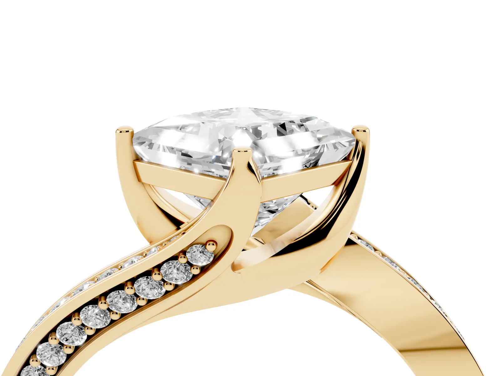 Princess Cut Solitaire Diamond Twist Band with Pavé Setting and Four-Prong Setting Yellow gold