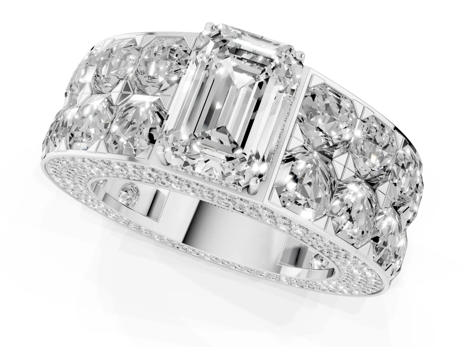 Emerald Cut Diamond Radiant Pavé Mens Ring Platinum