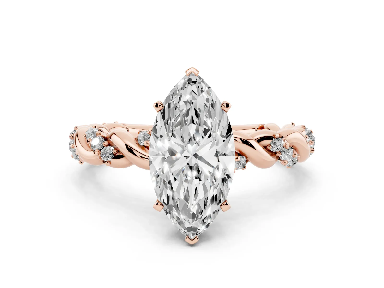 Marquise Cut Diamond Solitaire Ring with Twisted Band and Pavé Accents Rose gold