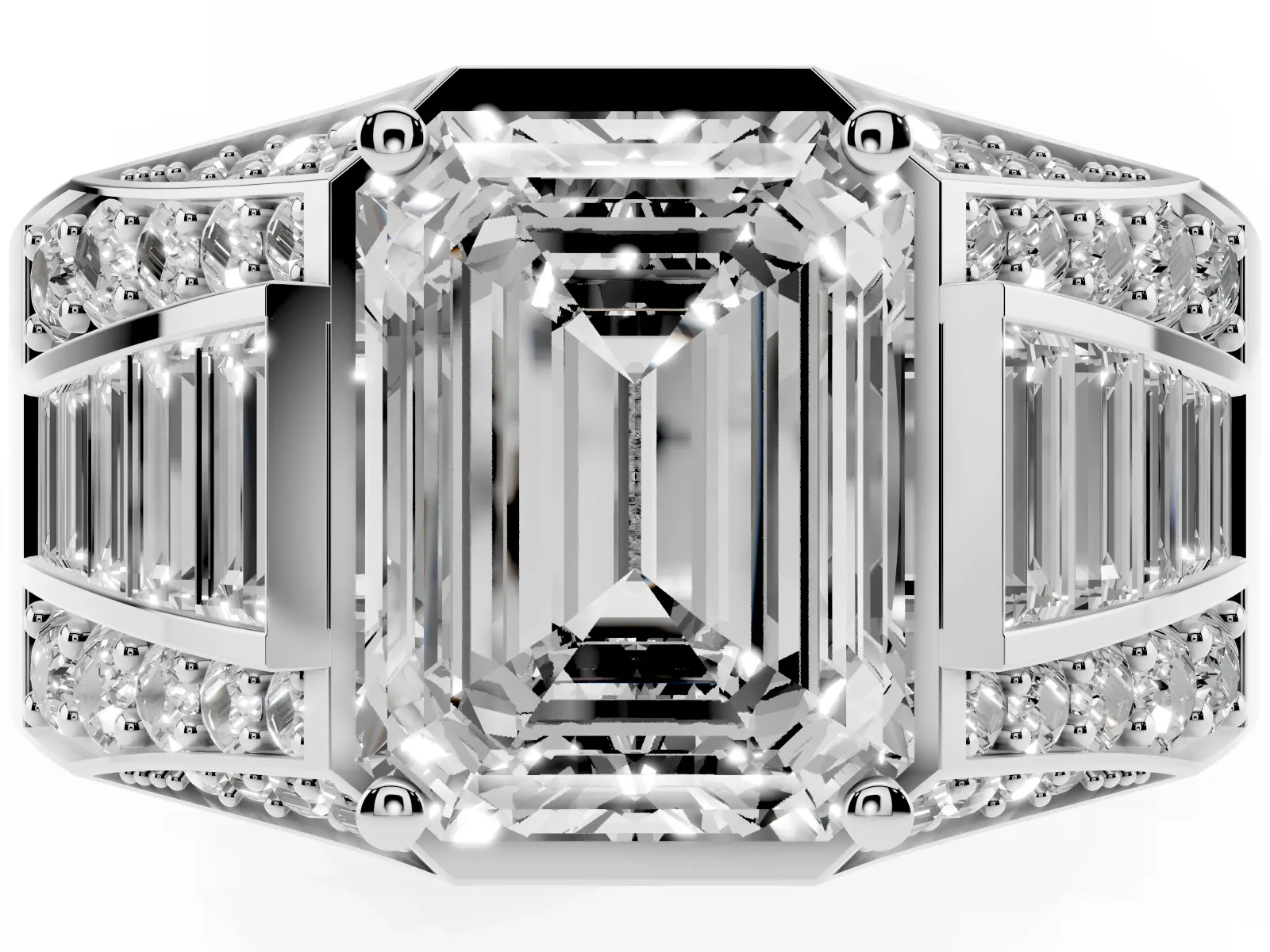 Emerald Cut Diamond Mens Ring with Baguette Side Stones Platinum