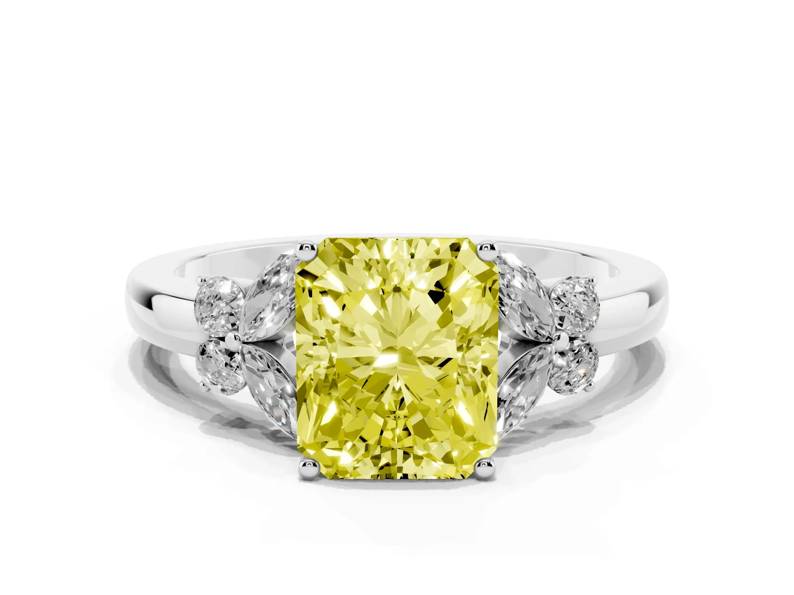 Fancy Yellow Radiant Cut Cut Solitaire Floral Diamond Ring with Four-Prong Setting Platinum