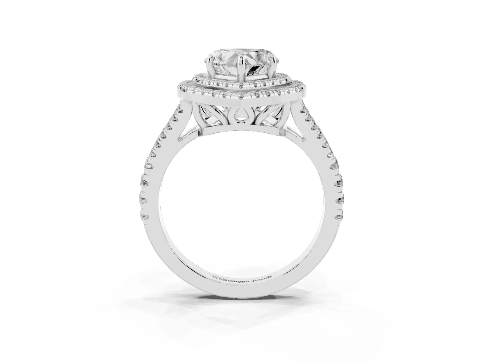 Heart Cut Diamond Double Halo Ring with Pavé Band and Prong Setting Platinum