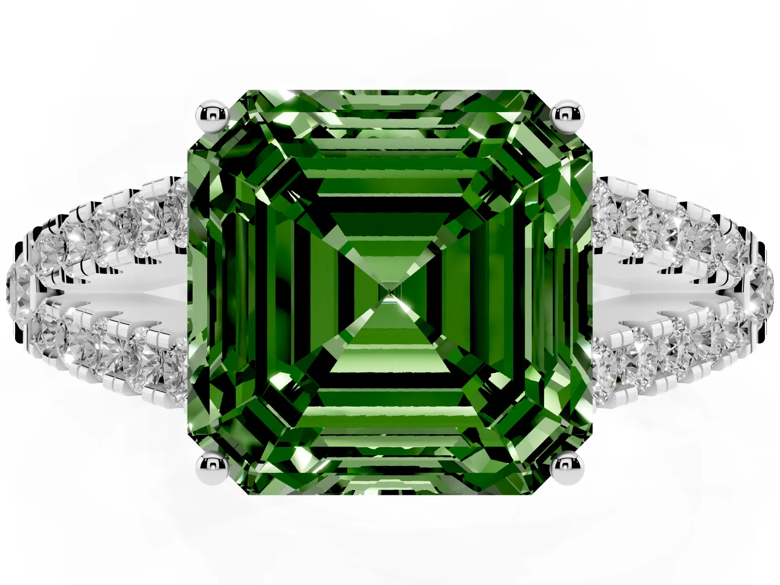 Fancy Green Asscher Cut Diamond Split Shank Engagement Ring with Round Pavé and Prong Setting White gold
