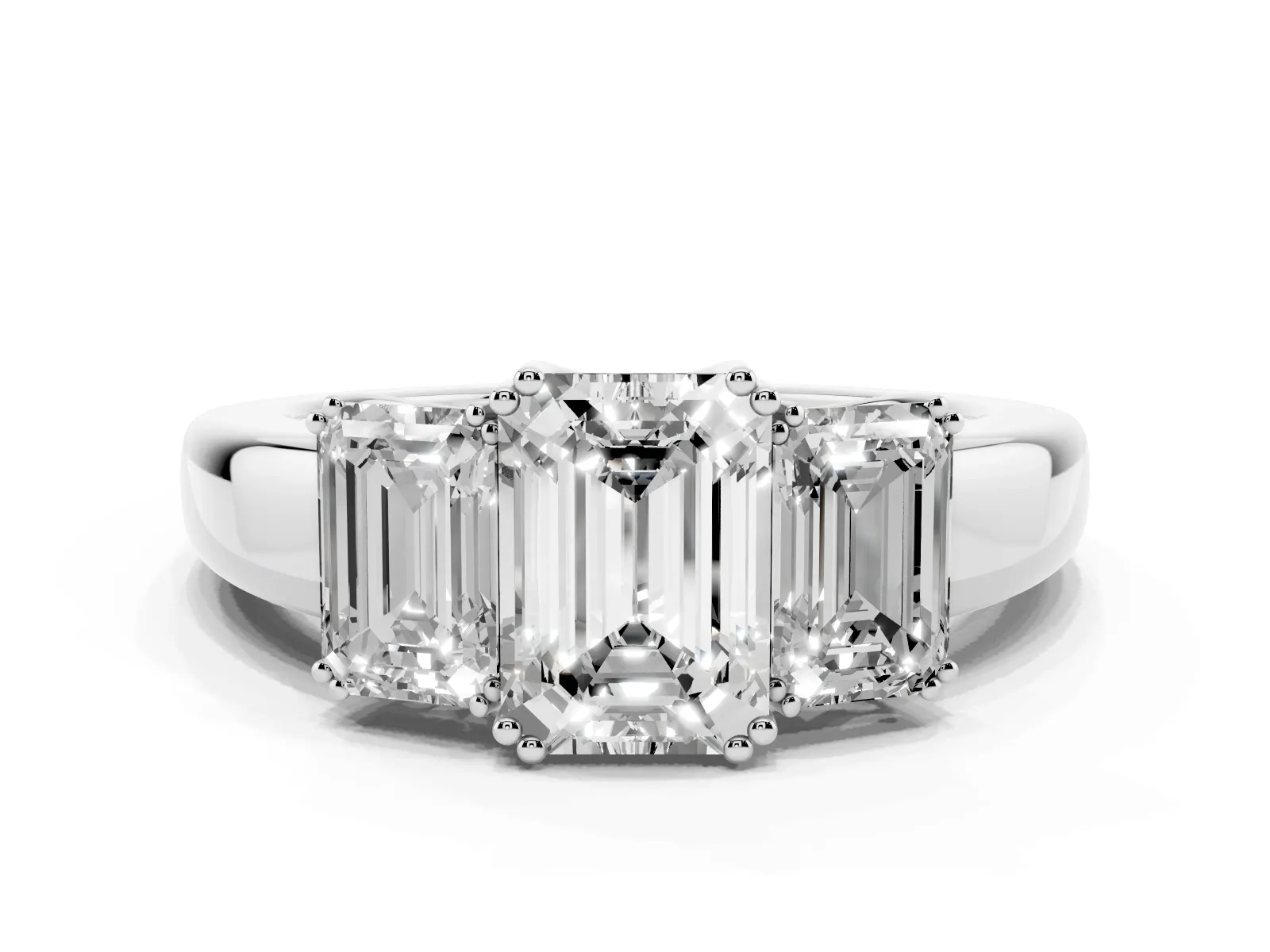 Three-Stone Emerald Cut Cut Diamond Ring with Channel Set Band and Four-Prong Setting White gold