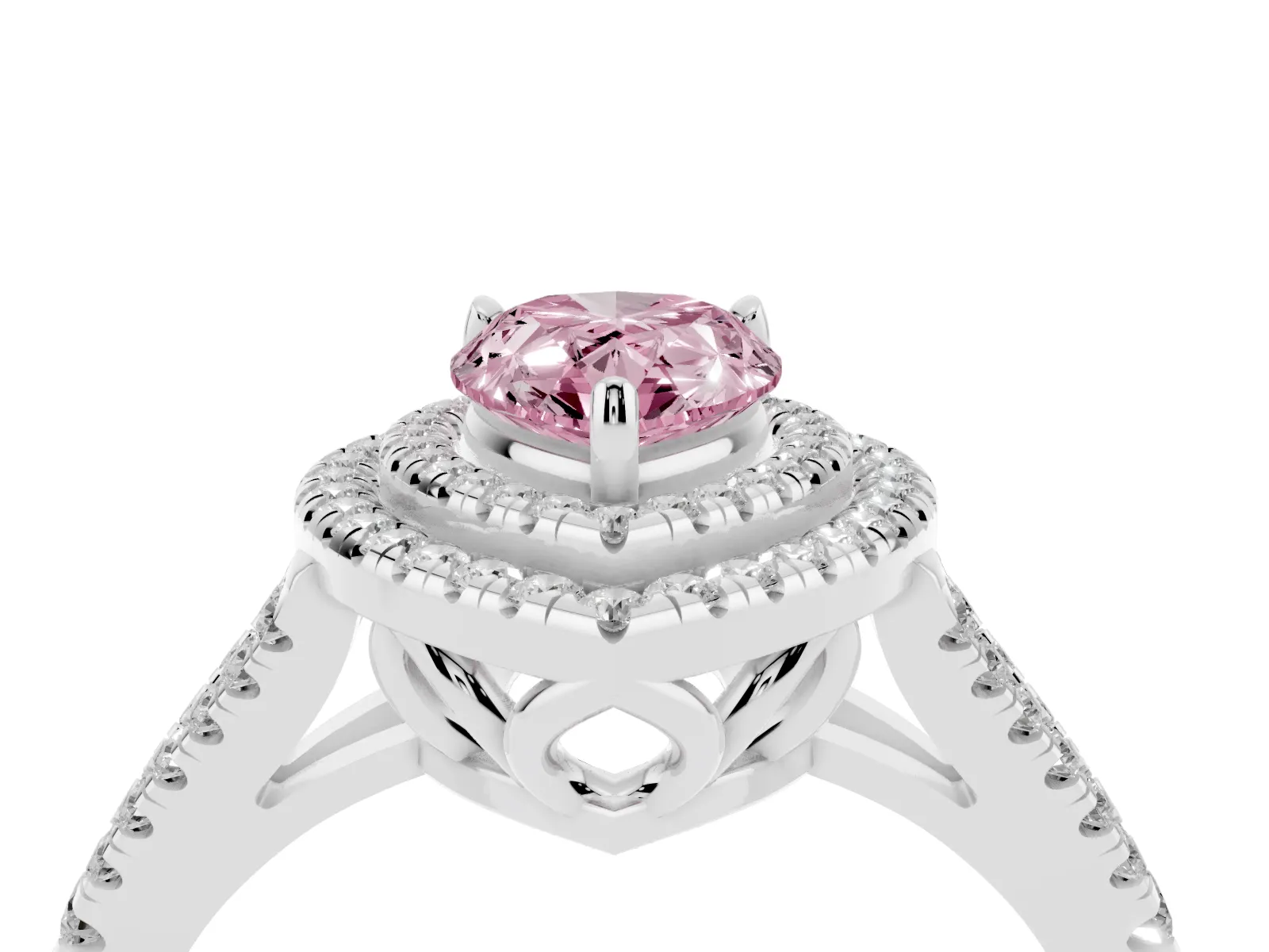 Fancy Pink Pear Cut Diamond Double Halo Ring with Pavé Band and Prong Setting Platinum