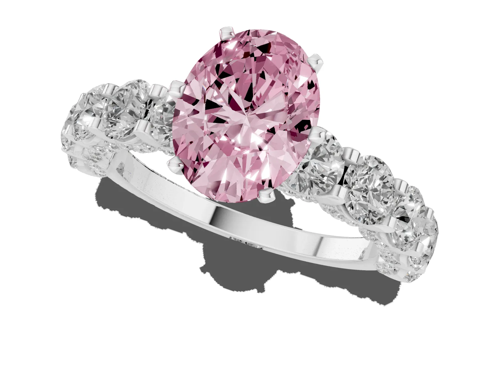 Fancy Pink Oval Cut Diamond Side Stone Engagement Ring with Four-Prong Setting Platinum