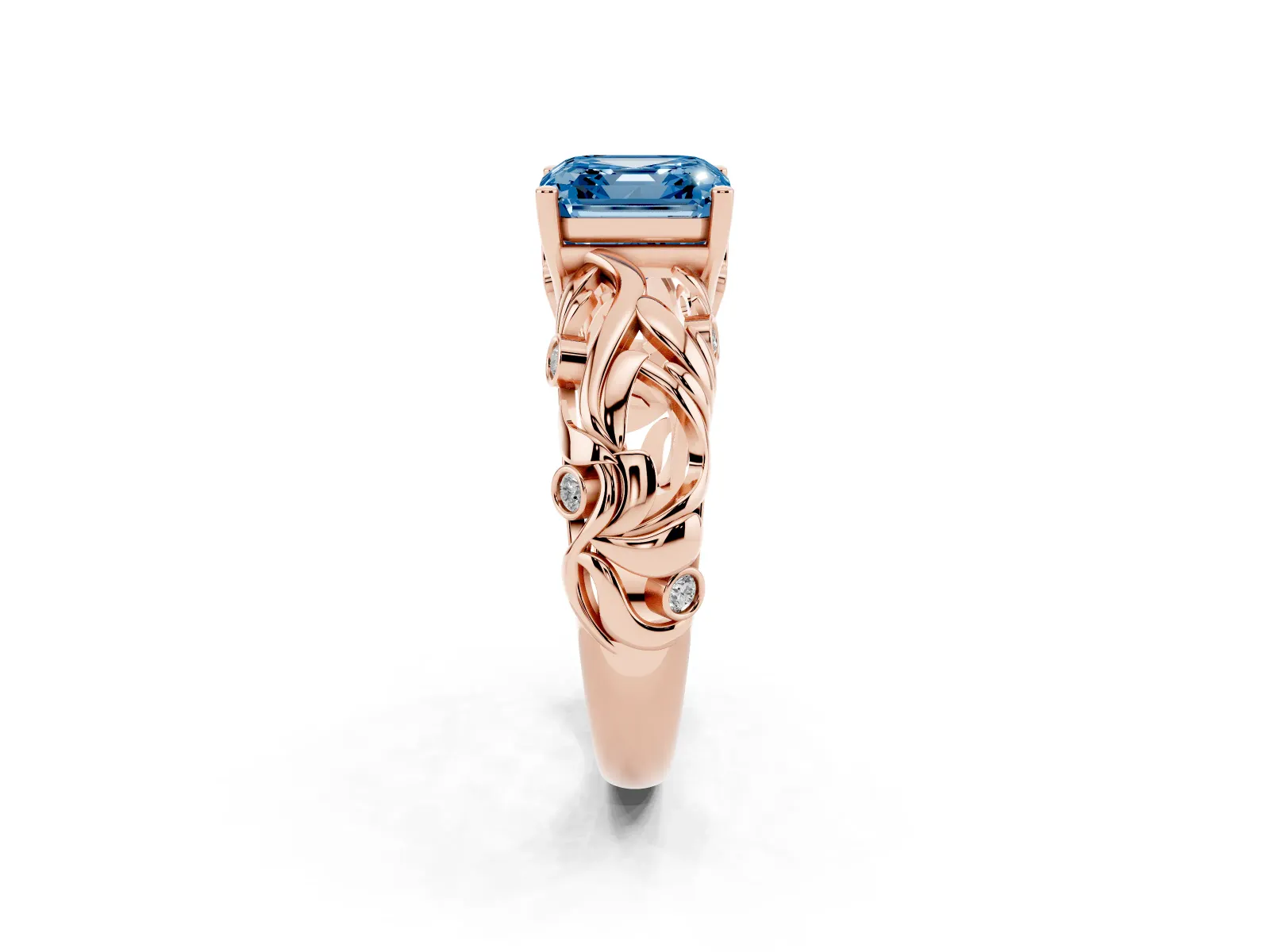 Fancy Blue Asscher Cut Solitaire Diamond Leaf-Inspired Vine Band Ring with Prong Setting Rose gold