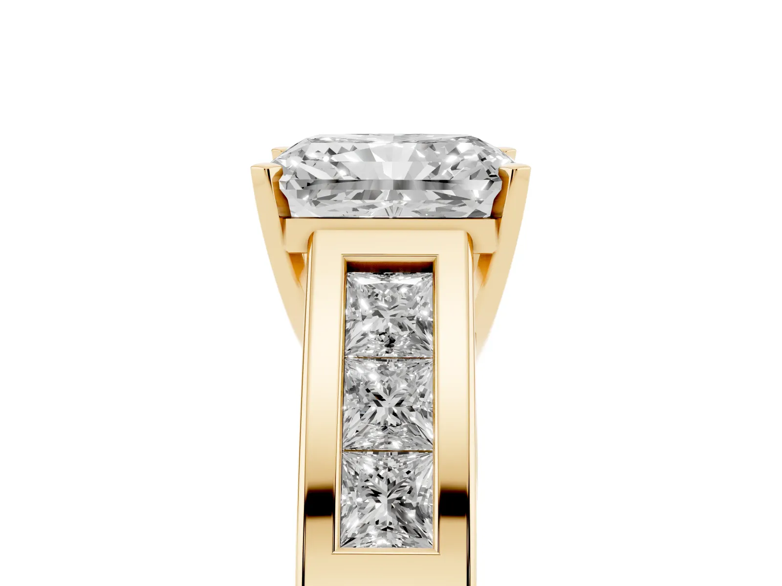 Radiant Cut Cut Channel Set Solitaire Ring with Four-Prong Setting Yellow gold