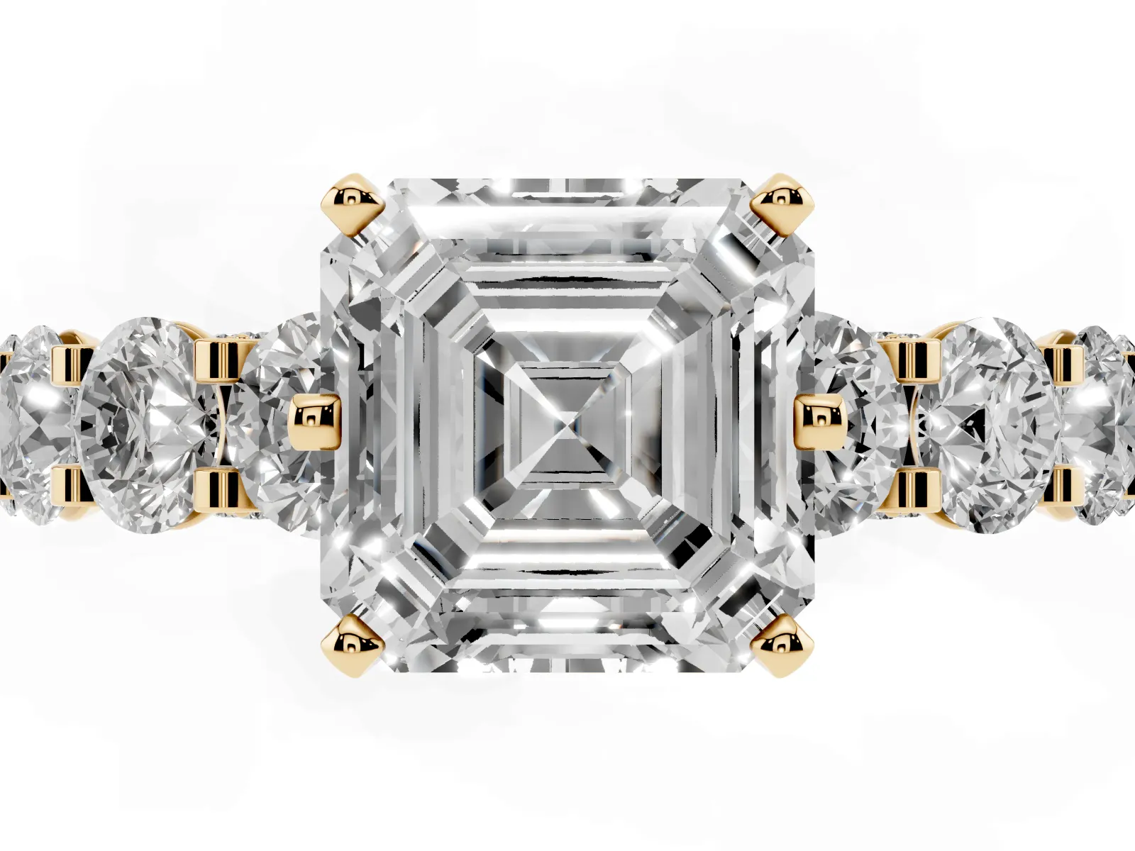 Asscher Cut Diamond Side Stone Engagement Ring with Four-Prong Setting Yellow gold