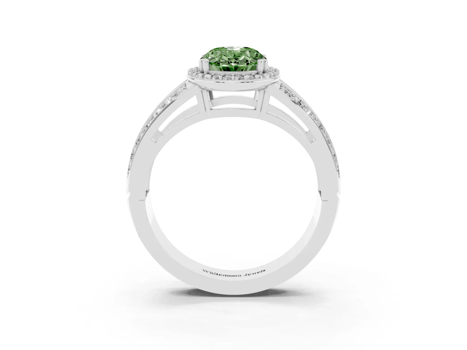 Fancy Green Oval Cut Diamond Halo Ring with Split Shank Pavé Band and Four-Prong Setting White gold