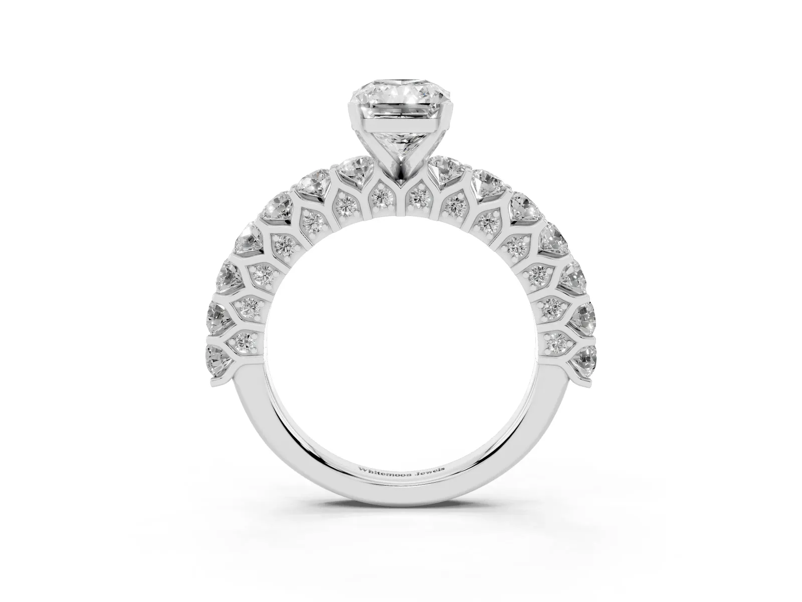 Radiant Cut Diamond Solitaire Ring with Shared Prong Pavé Band and Four-Prong Setting Platinum