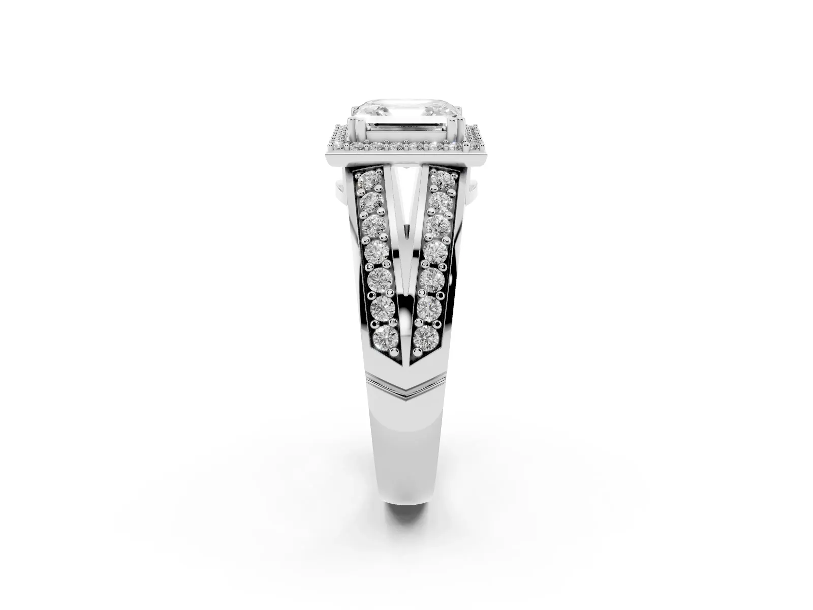 Asscher Cut Diamond Halo Ring with Split Shank Pavé Band and Four-Prong Setting Platinum