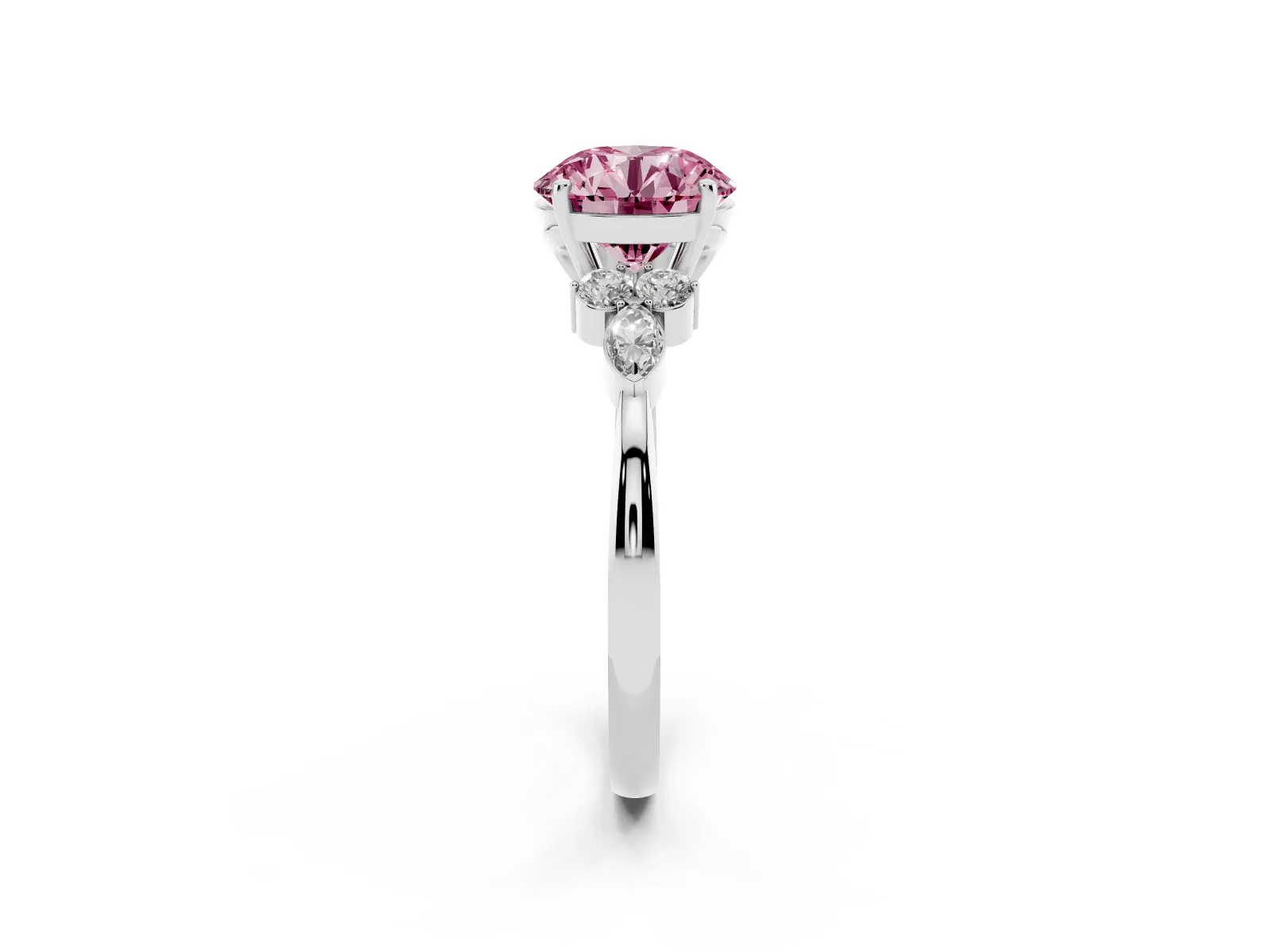 Fancy Pink Round Cut Brilliant Diamond Solitaire Ring with Pear Side Stones and Four-Prong Setting Platinum