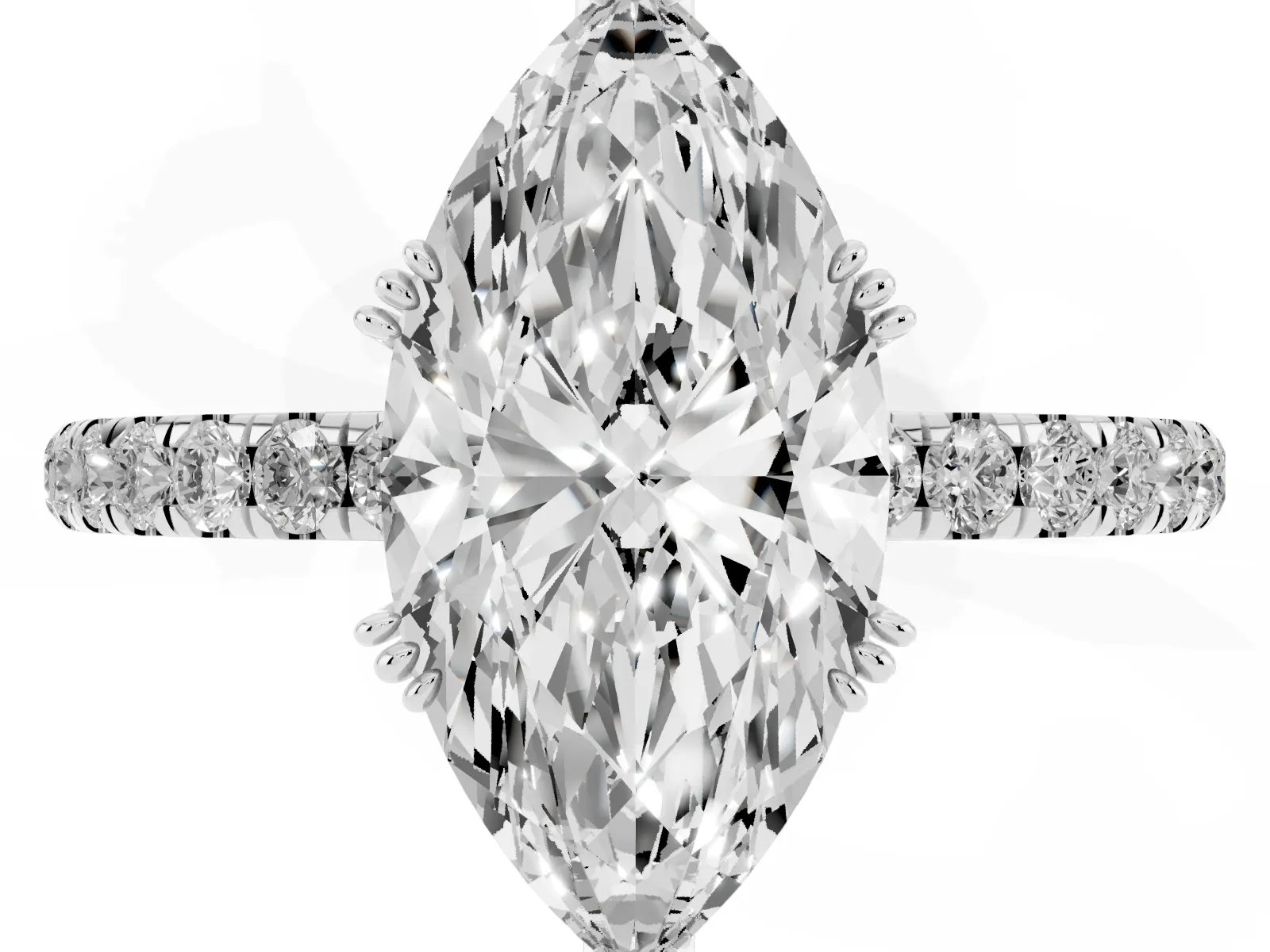 Marquise Cut Brilliant Solitaire with Pavé Band and Claw Prong Setting Silver