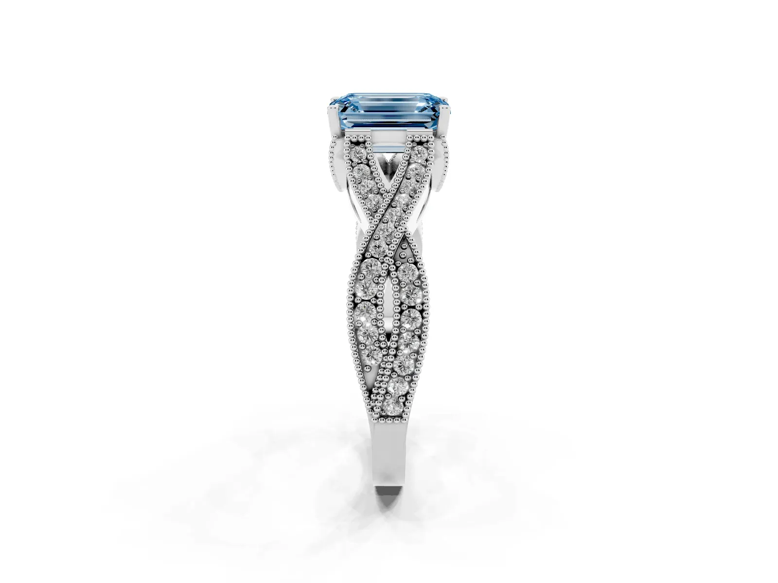 Fancy Blue Emerald Cut Cut Diamond Twisted Band with Milgrain Pave Setting and Four-Prong Setting Platinum