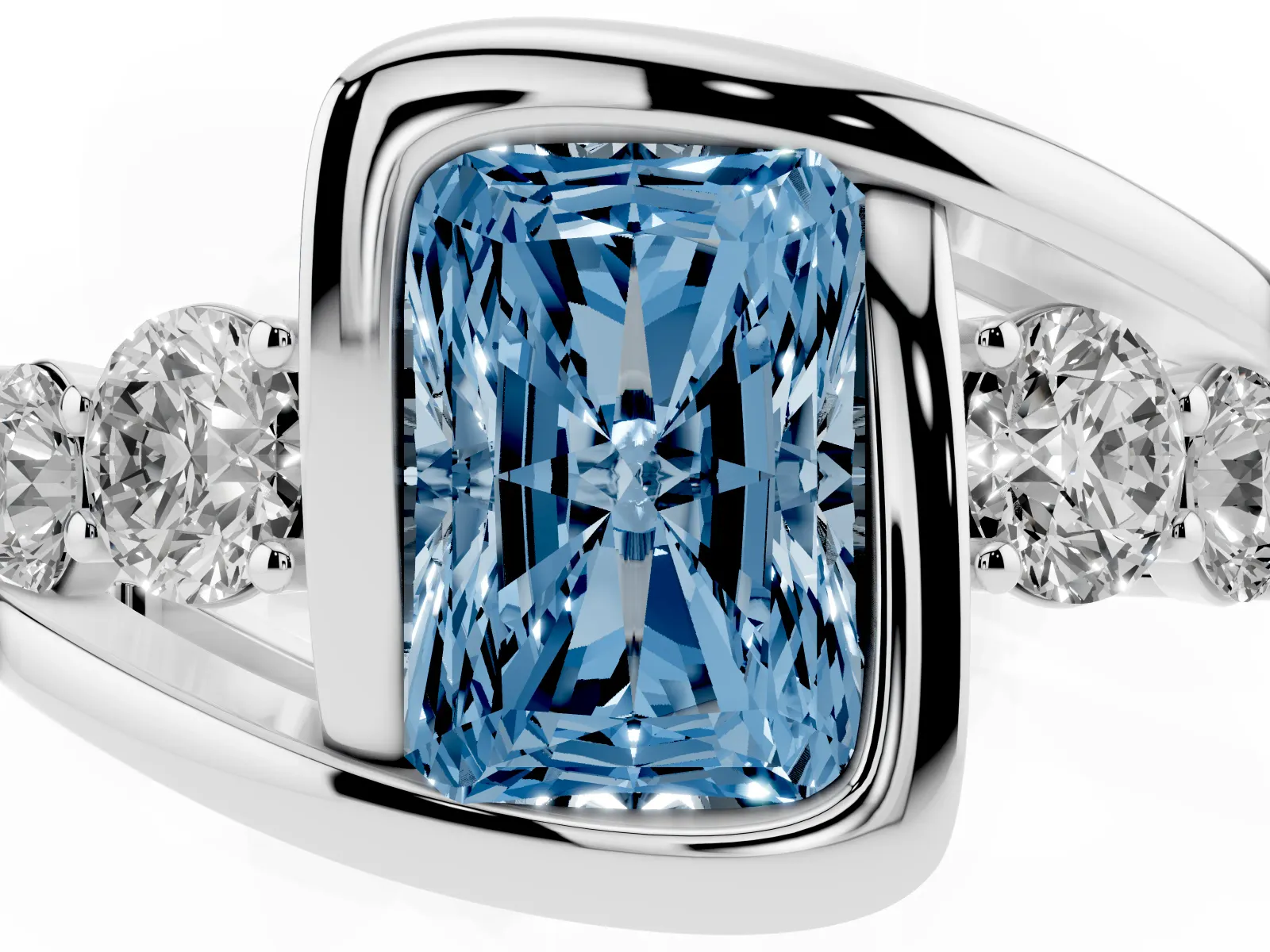 Fancy Blue Bezel Set Radiant Cut Diamond Bypass Ring with Round Accents White gold