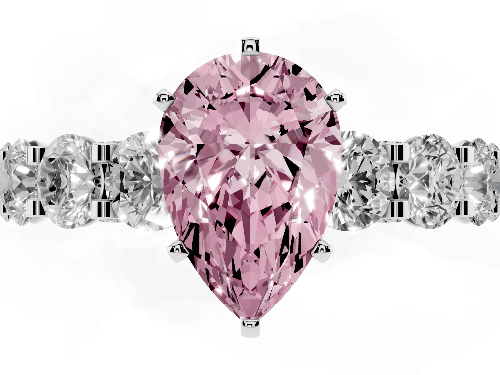 Fancy Pink Pear Cut Diamond Side Stone Engagement Ring with Four-Prong Setting Platinum