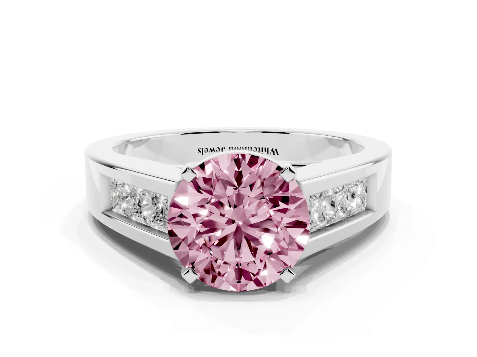 Fancy Pink Round Cut Cut Channel Set Solitaire Ring with Four-Prong Setting Platinum