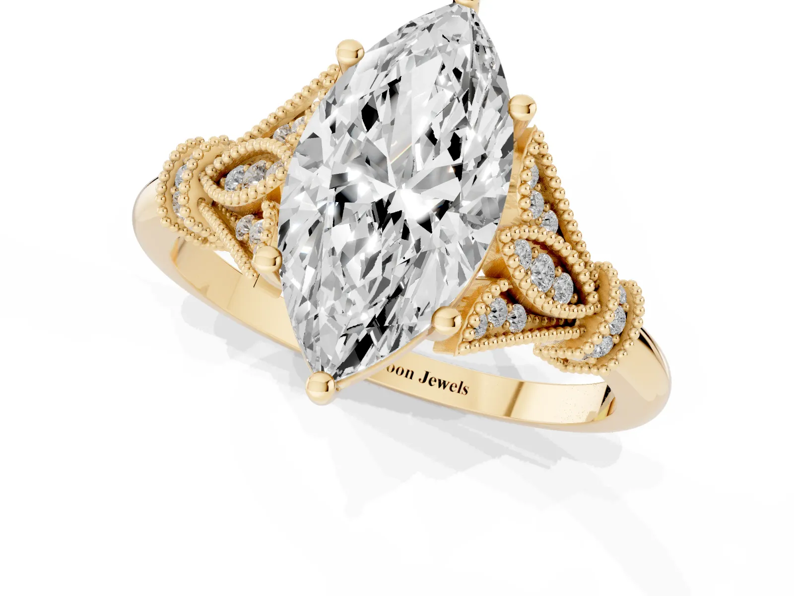 Marquise Cut Diamond Solitaire Ring with Floral Filigree and Pave Accents Yellow gold