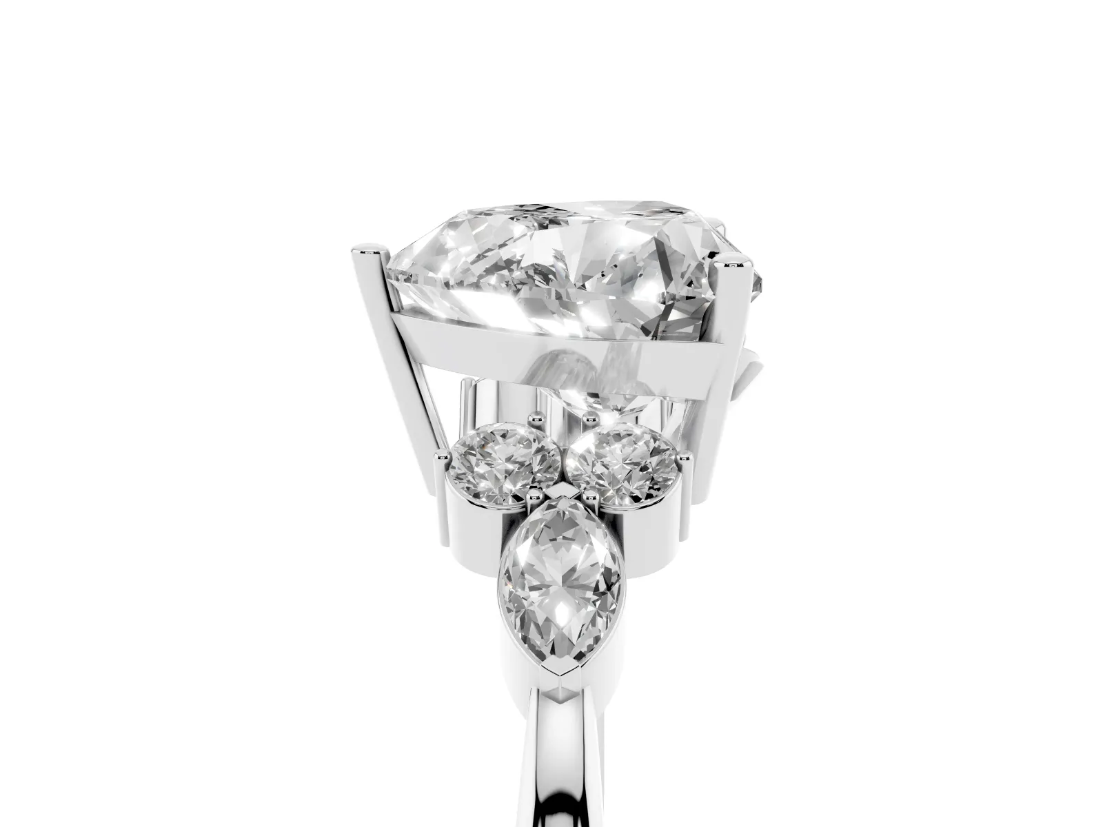 Heart Cut Brilliant Diamond Solitaire Ring with Pear Side Stones and Four-Prong Setting Platinum