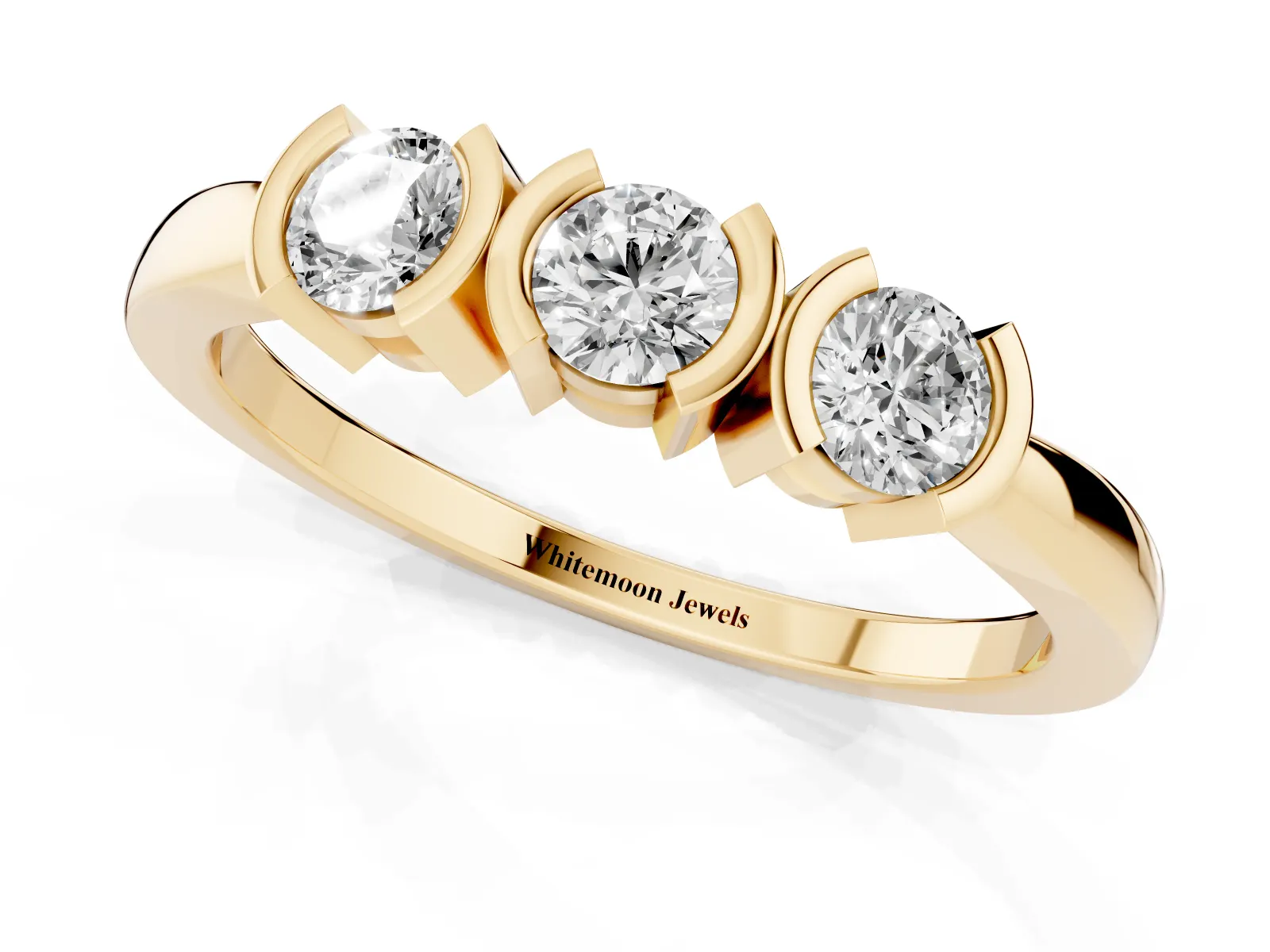 Three-Stone Round Diamond Half Bezel Prong Band Yellow gold