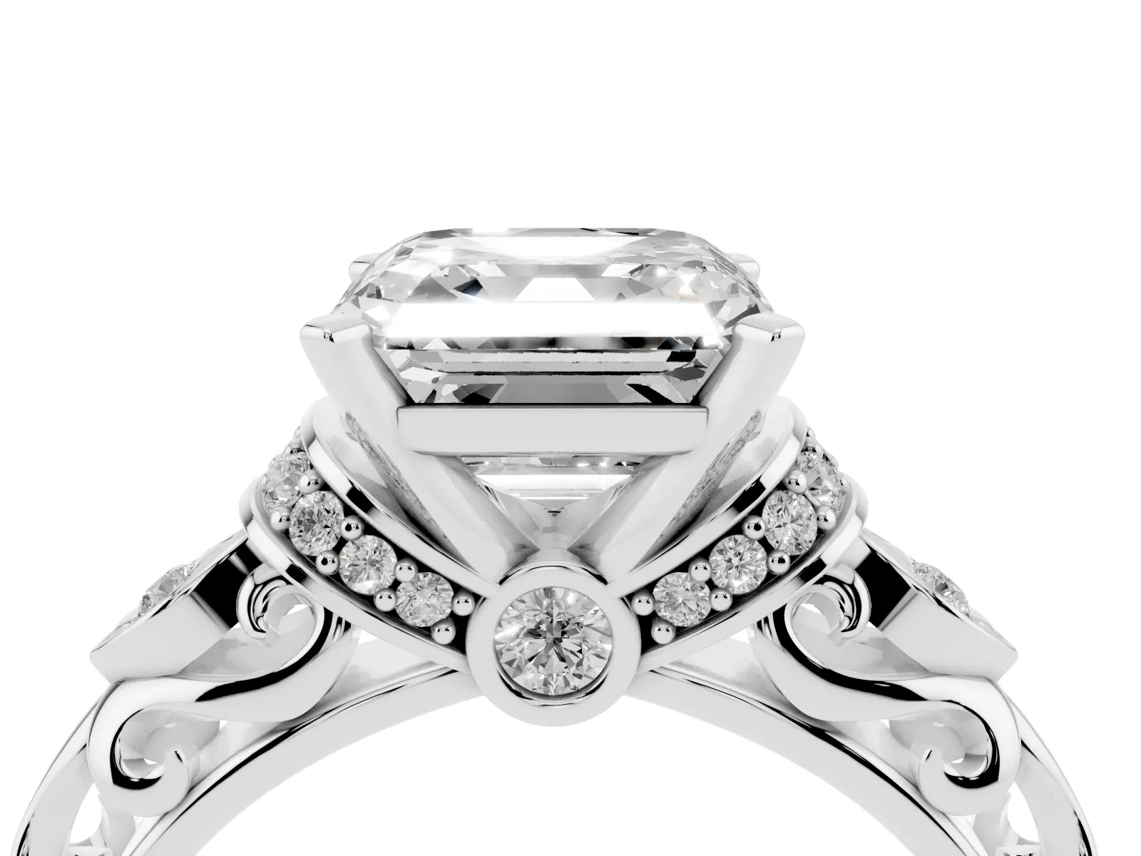 Asscher Cut Diamond Solitaire Ring with Filigree Band and Four-Prong Setting Platinum