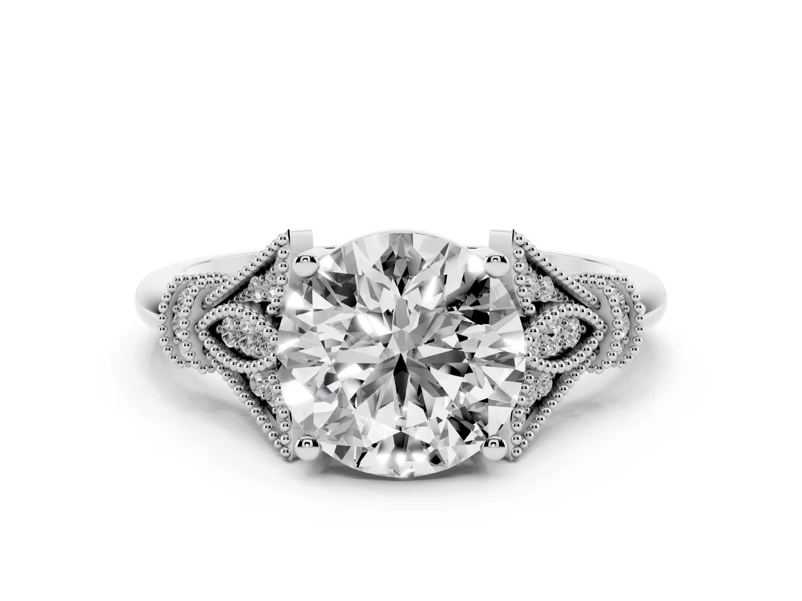Round Cut Diamond Solitaire Ring with Floral Filigree and Pave Accents Platinum