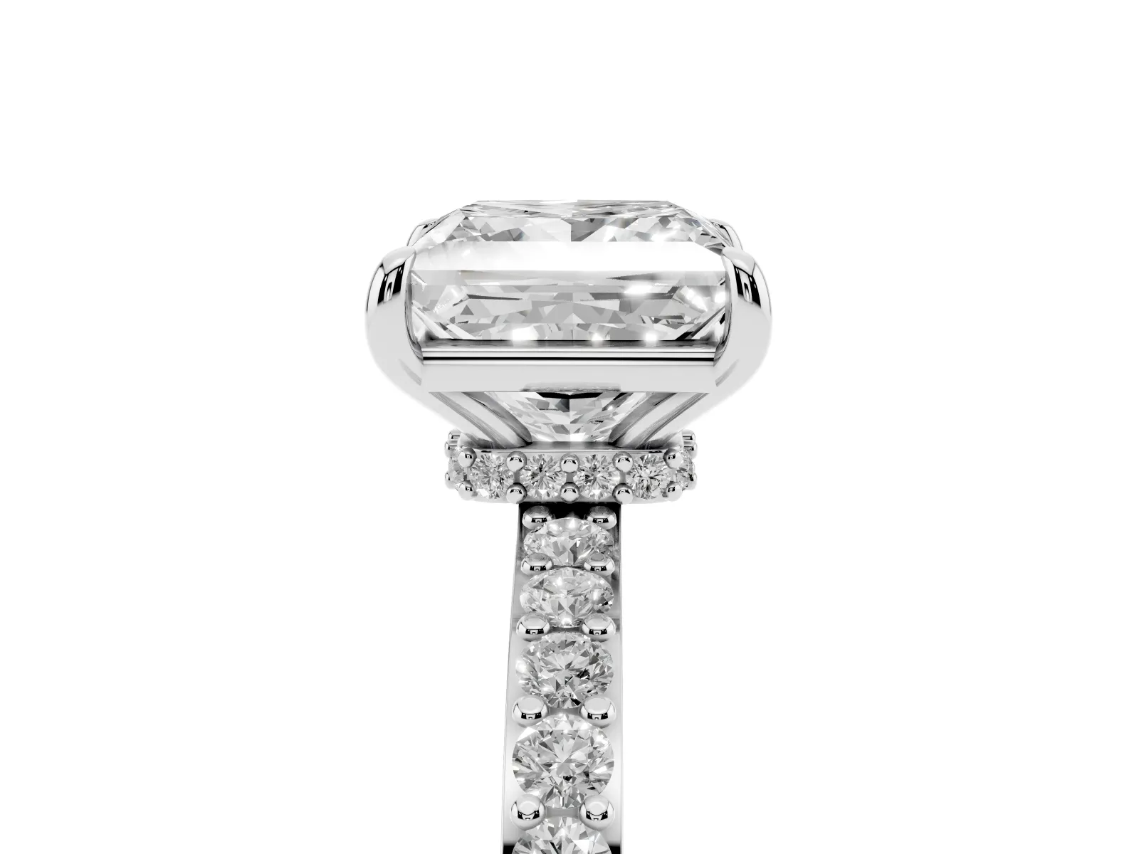 Princess Cut Diamond Solitaire Engagement Ring with Pavé Band and Four-Prong Setting White gold