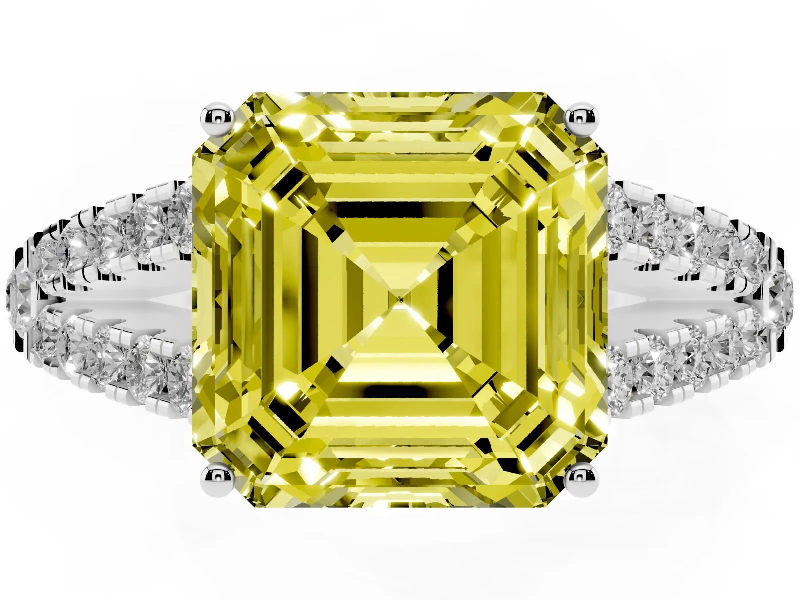 Fancy Yellow Asscher Cut Diamond Split Shank Engagement Ring with Round Pavé and Prong Setting White gold