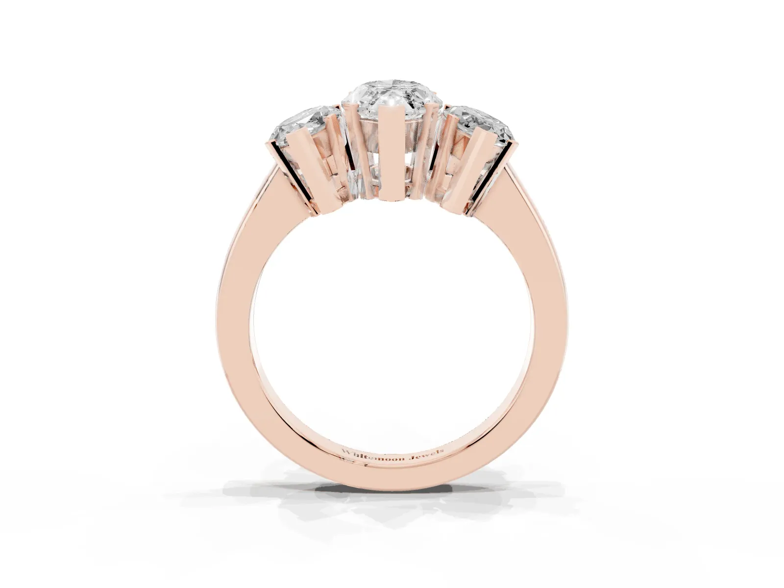 Three-Stone Marquise Cut Cut Diamond Ring with Channel Set Band and Four-Prong Setting Rose gold