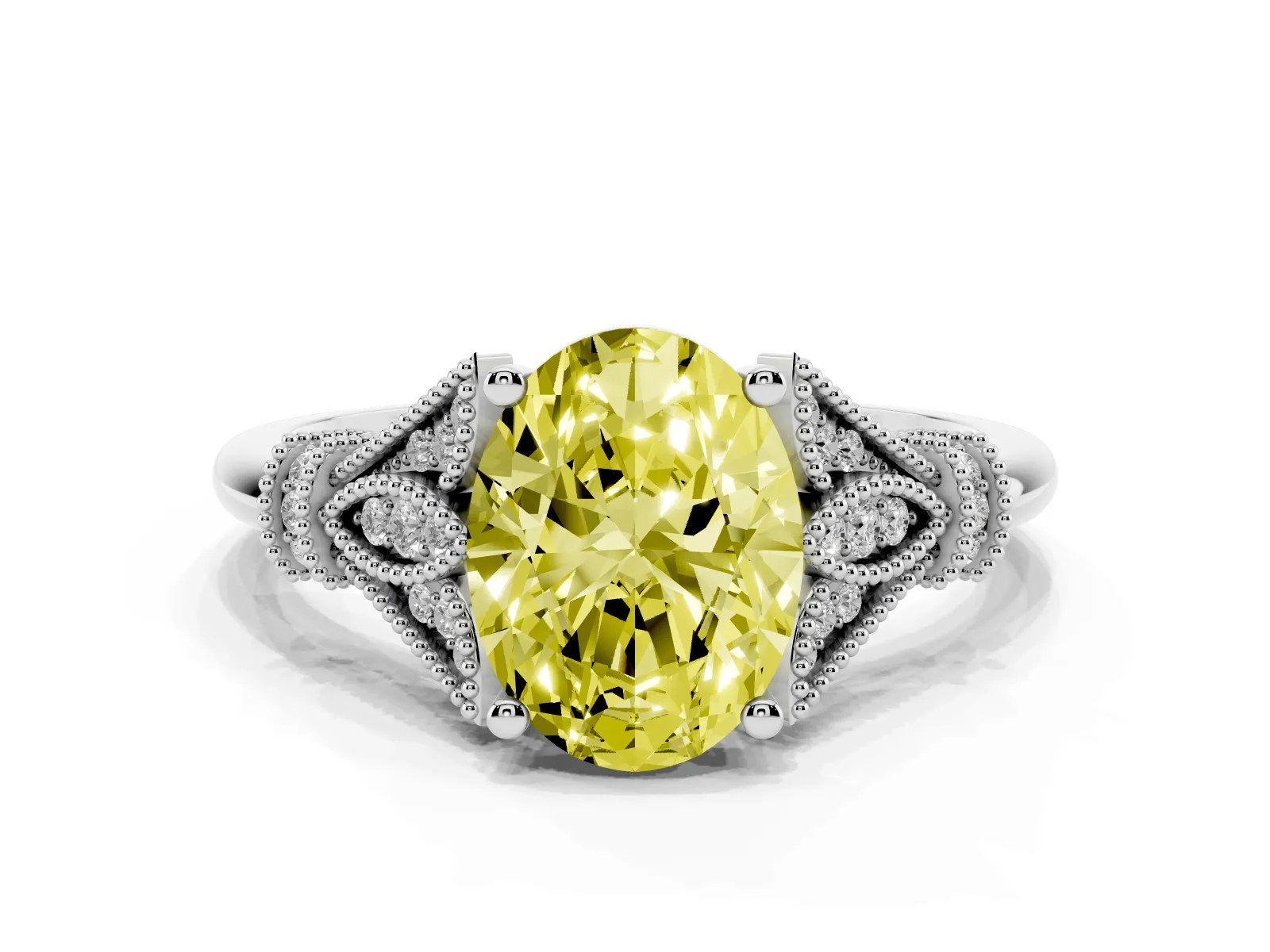 Fancy Yellow Oval Cut Diamond Solitaire Ring with Floral Filigree and Pave Accents White gold