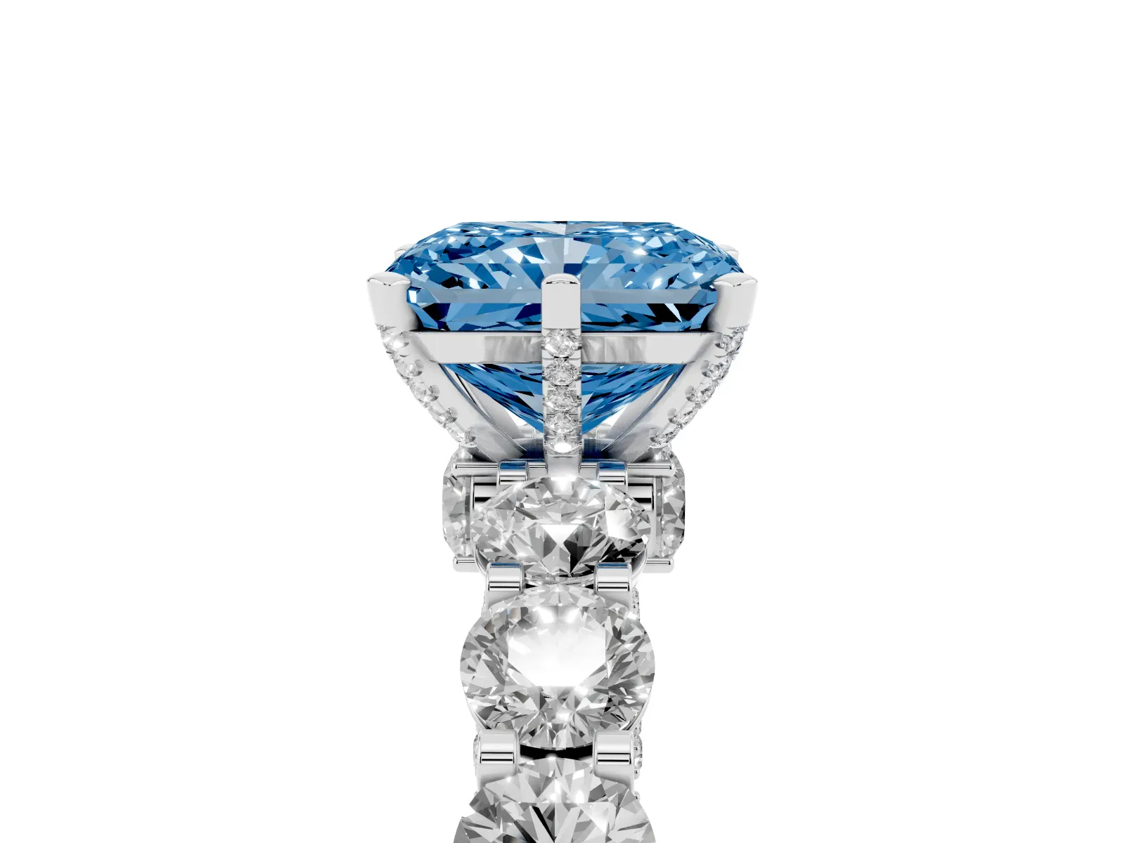 Fancy Blue Radiant Cut Diamond Side Stone Engagement Ring with Four-Prong Setting Platinum