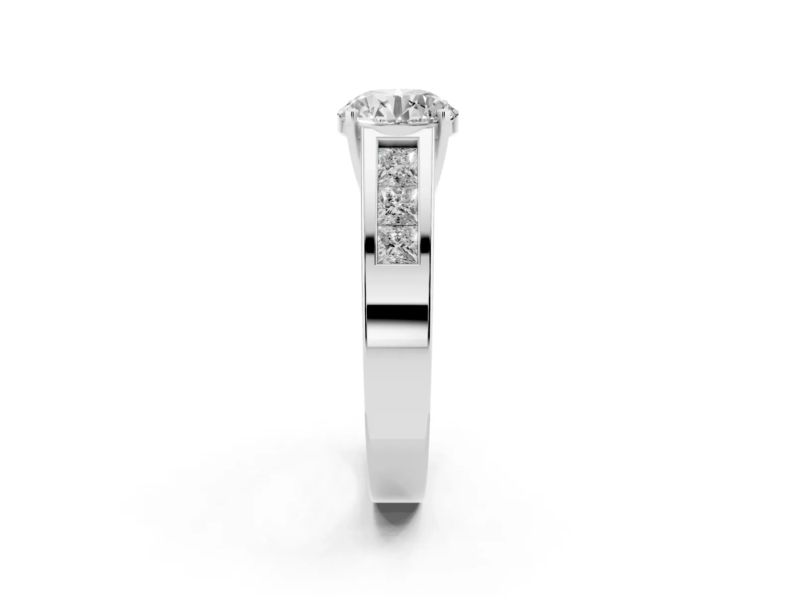 Round Cut Cut Channel Set Solitaire Ring with Four-Prong Setting Platinum