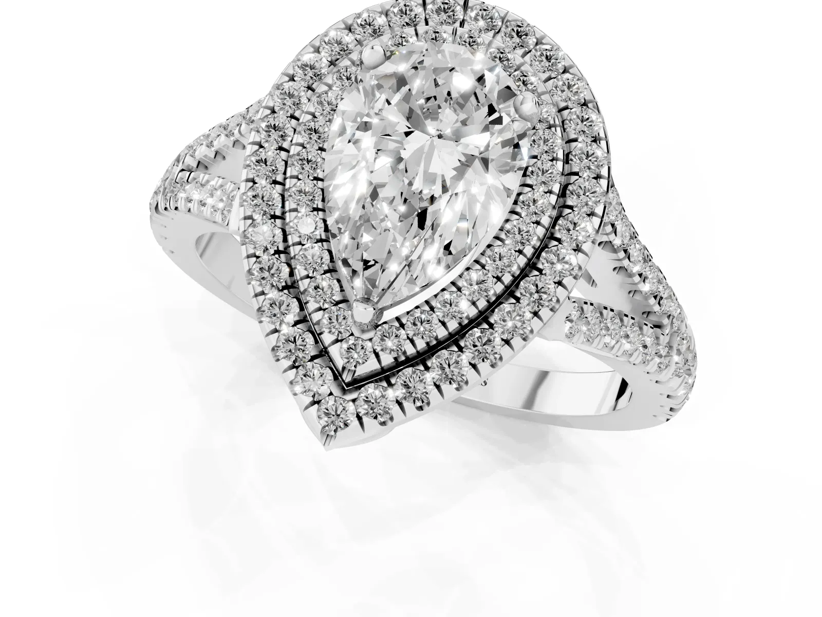 Pear Cut Diamond Double Halo Ring with Pavé Band and Prong Setting Platinum