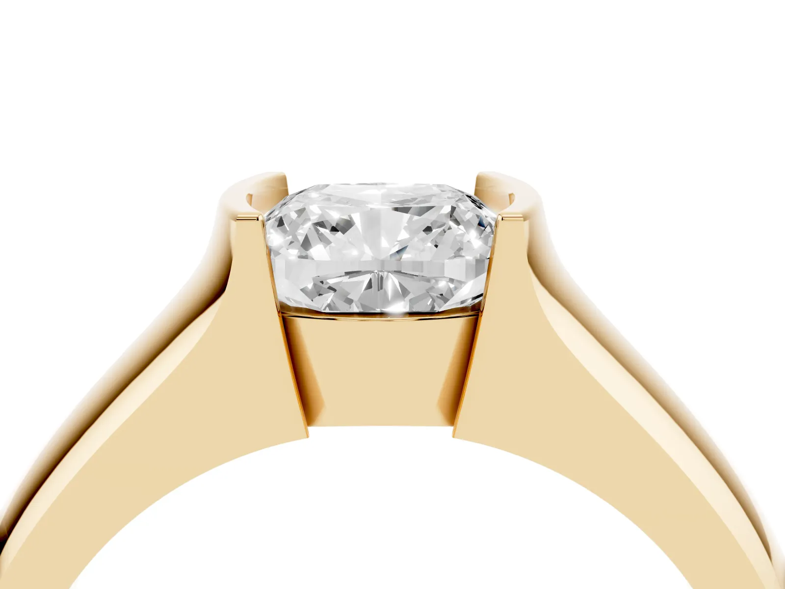 Cushion Cut Solitaire Bezel Set Diamond Ring with Wide Band Yellow gold