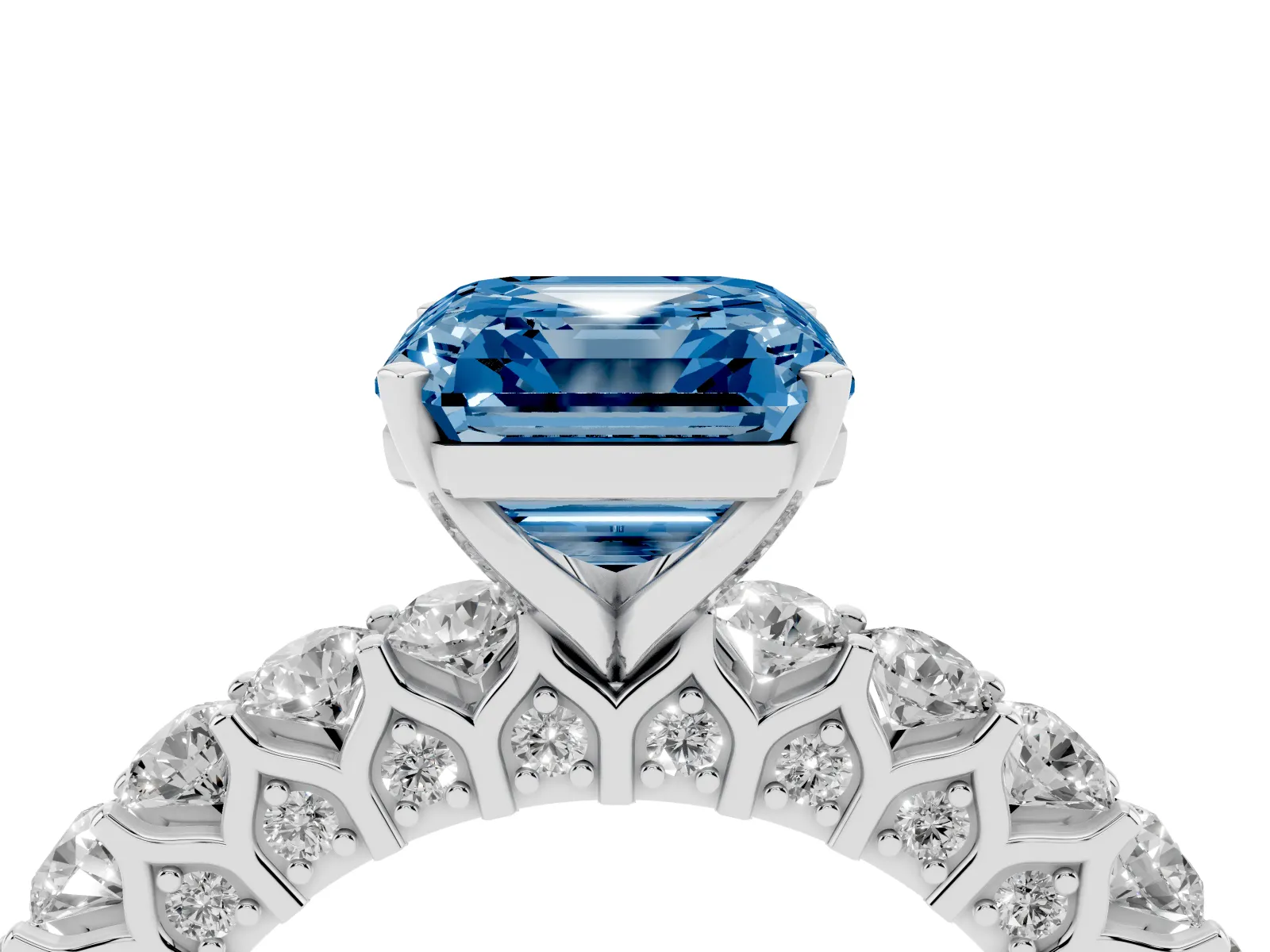 Fancy Blue Asscher Cut Diamond Solitaire Ring with Shared Prong Pavé Band and Four-Prong Setting White gold