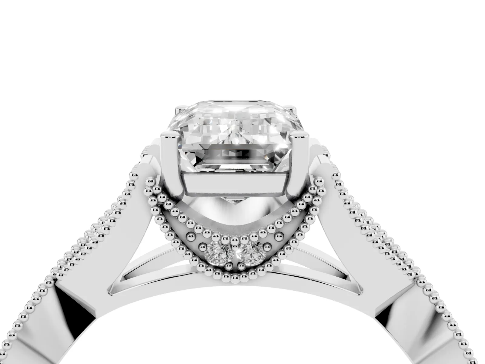 Emerald Cut Cut Diamond Twisted Band with Milgrain Pave Setting and Four-Prong Setting Platinum