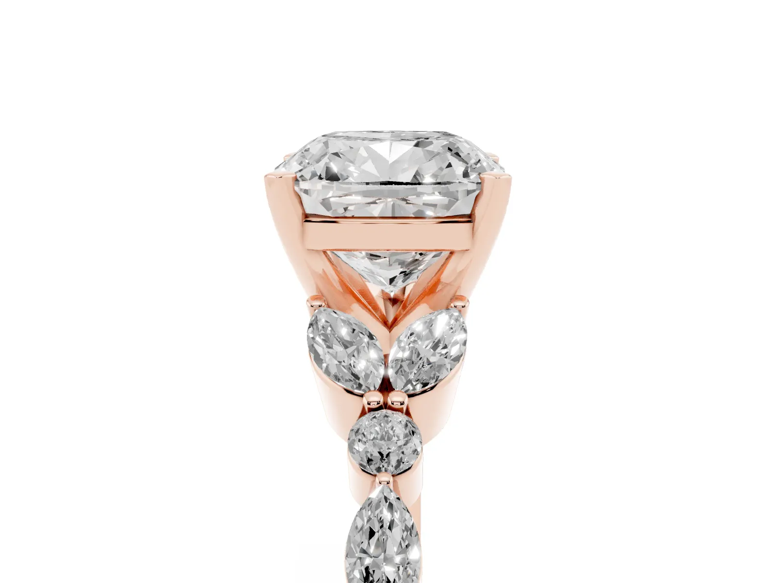 Cushion Cut Diamond Solitaire Ring with Side Stones and Four-Prong Setting Rose gold