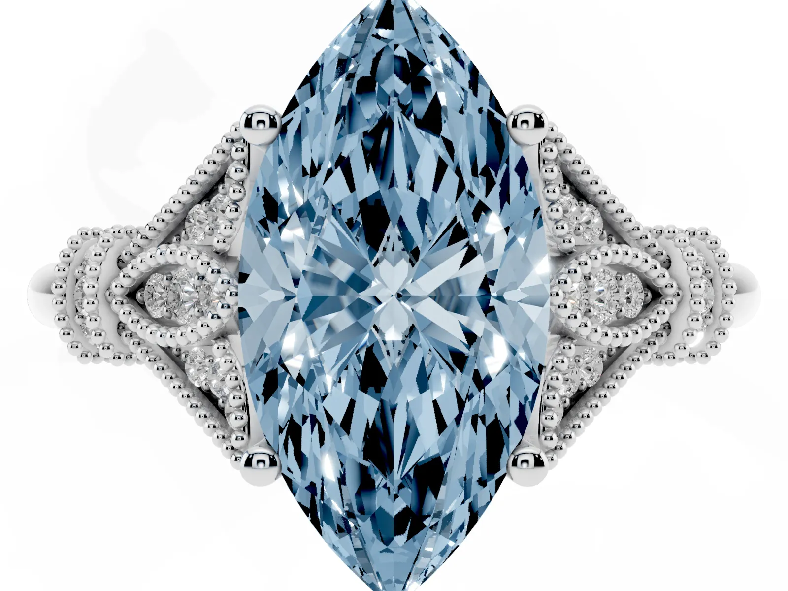 Fancy Blue Marquise Cut Diamond Solitaire Ring with Floral Filigree and Pave Accents Platinum
