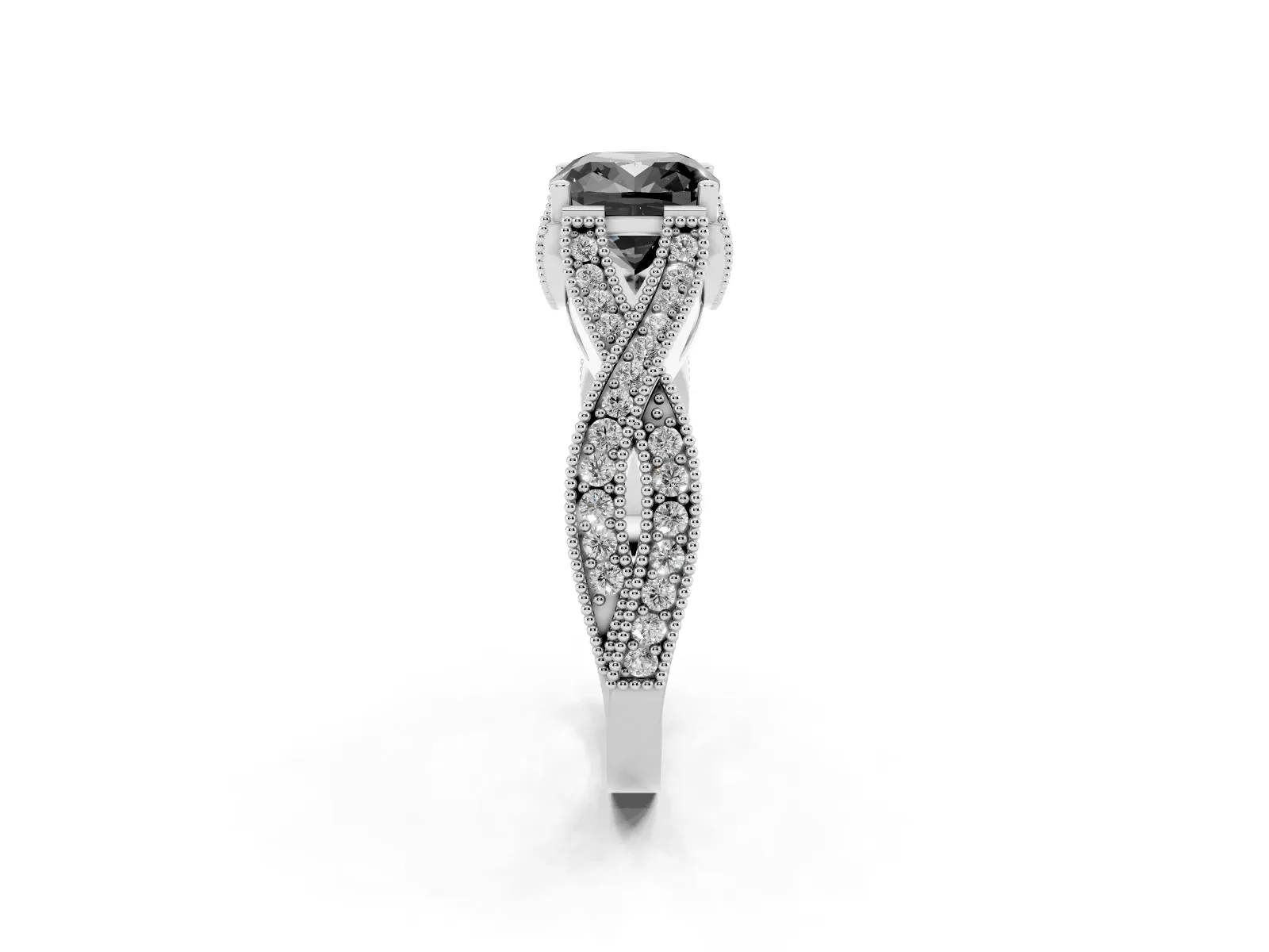 Fancy Black Cushion Cut Cut Diamond Twisted Band with Milgrain Pave Setting and Four-Prong Setting Platinum